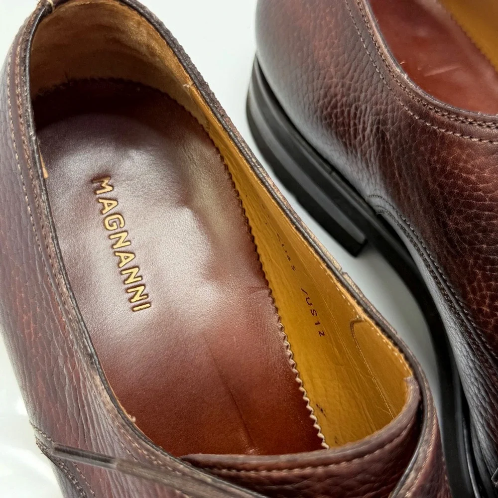 Magnanni Derby Shoes Melich III 12M $625 Brown Painted Grained Leather 23794